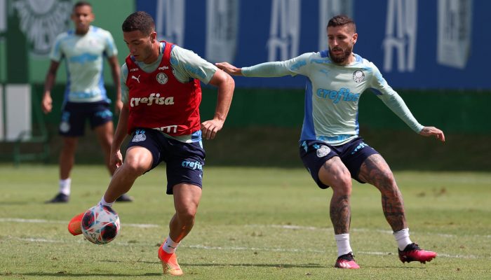 Os jogadores Fabinho e Zé Rafael (D), da SE Palmeiras, durante treinamento, na Academia de Futebol. (Foto: Cesar Greco/Palmeiras/by Canon)